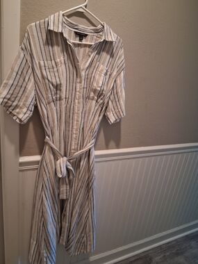 Banana Republic Cream and Blue Striped Midi Shirt Dress